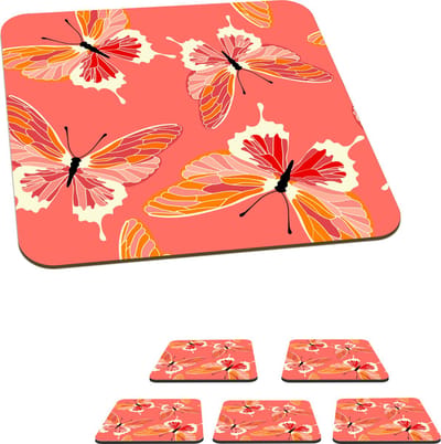 Onderzetters voor glazen - Vlinders - Patronen - Roze - 10x10 cm - Glasonderzetters - 6 stuks