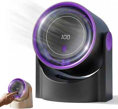 USB‑oplaadbare bladloze bureauventilator, 100 snelheden digitaal display, 12‑uurs batterij, zwart