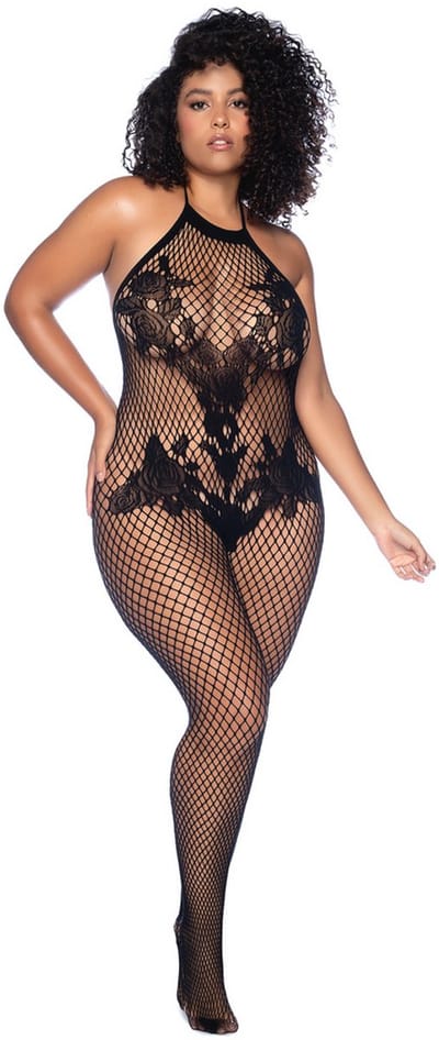 Mapalé Sexy Halter en Kralenloze Bloemen Bodystocking - Koninginneformaat - Zwart