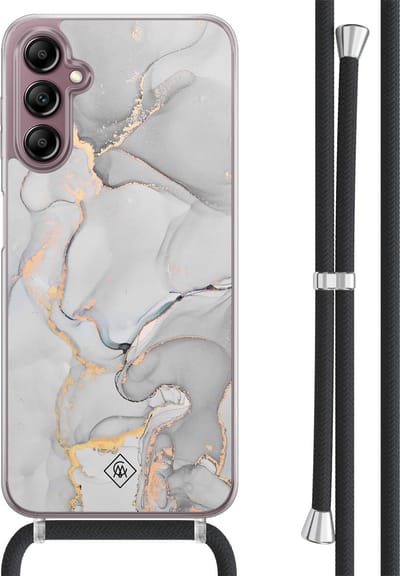 Casimoda® hoesje met koord - Geschikt voor Samsung A14 - Marmer Grijs - Afneembaar koord - TPU/acryl - Grijs
