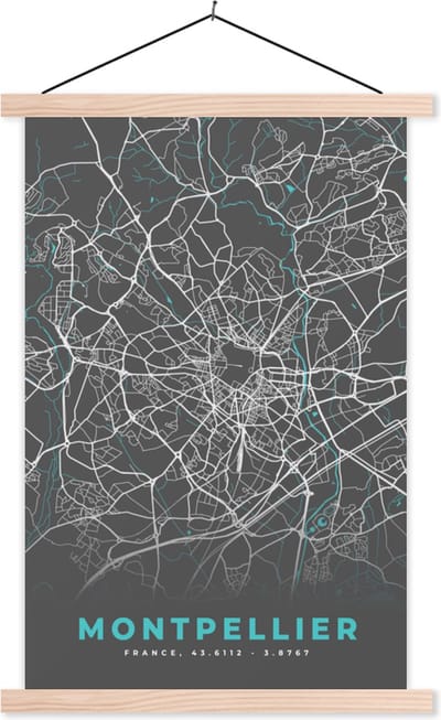 Posterhanger incl. Poster 40x60 cm - Schoolplaat - Montpellier - Frankrijk - Stadskaart - Kaart - Plattegrond - Textielposter - Blanke latten - Stadskaart