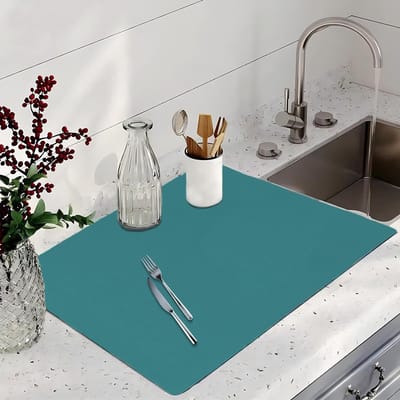 Keuken Schotel Droogmat, 24 "× 16" Afvoerplank Mat Antislip Super Absorberende Afvoermat Rolbare Sneldrogende Koffiemat Keuken Aanrecht Droogmat voor Koffiebar Wastafel Werkblad Blauw