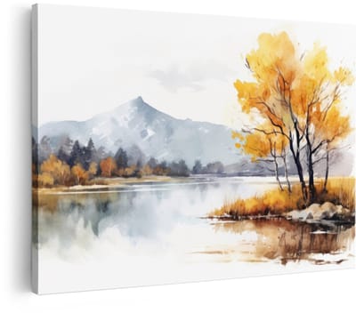 Artaza Canvas Schilderij Landschap Aquarel - 30x20 cm - Wanddecoratie Herfst Boom - Muurdecoratie Natuur - Schilderijen Op Canvas