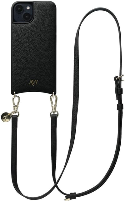 AVY Leren Hoesje Geschikt voor Apple iPhone 15 | Compatibel met MagSafe | Leather Case met Telefoonkoord | Crossbody | Zwart | Long Leather