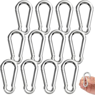 Carabinerhaken 6 x 60 mm, Laadvermogen 140 kg, Perfect voor Sleutelhangers, Kamperen, Wandelen en Vissen, Zilver, Verpakking van 12 stuks
