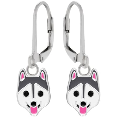 WeLoveSilver - zilveren kinderoorbellen - husky met onyx ogen - 925 zilver