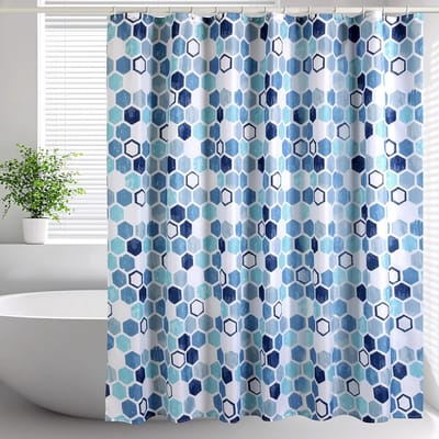 Badkamergordijn met zeshoekpatroon, 240 cm druppel, blauw, polyester, met verzwaarde zoom, wasbaar, schimmelwerend douchegordijn (180 x 200 cm)