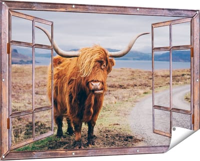Gards Tuinposter Doorkijk Schotse Hooglander Koe op de Weg - 150x100 cm - Tuindoek - Tuindecoratie - Wanddecoratie buiten - Tuinschilderij