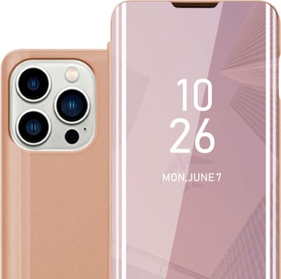 Cadorabo Hoesje geschikt voor Apple iPhone 14 PRO in KUNZIET ROZE - Clear View Spiegel Beschermende Case met Tribunefunctie 360 Graden Bescherming Book Case Cover Etui