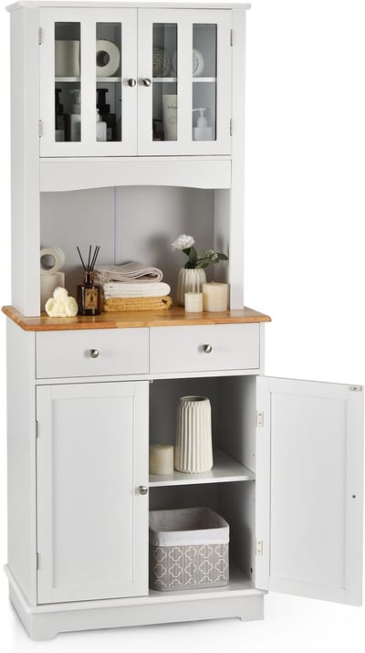 COSTWAY Keukenkast hoog, 170 cm buffetkast hout, hoge kast met 2 laden & verstelbare planken & glazen deuren & draadgat, keukenbuffet vrijstaand, buffet voor keuken eetkamer, wit