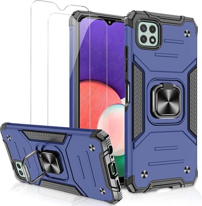Hoesje Geschikt Voor Samsung Galaxy A22 Hoesje Heavy Duty Armor Hoesje Blauw - Hoesje Geschikt Voor Samsung Galaxy A22 5G Case Kickstand Ring cover met Magnetisch Auto Mount- Hoesje Geschikt Voor Samsung Galaxy A22 5G screenprotector 2 pack