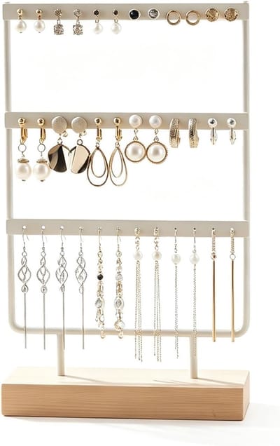 Oorbellenhouder met 36 gaten voor meisjes, metalen sieradenopslag met houten basis, ideaal voor organisatie en presentatie van oorbellen en juwelen