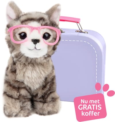 Studio Pets® Paige kat knuffel 16 cm met roze bril en GRATIS koffer – zachte pluche knuffel voor kinderen