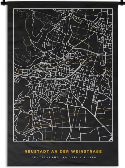 Wandkleed - Wanddoek - Goud – Duitsland – Plattegrond – Gold – Stadskaart – Kaart – Neustadt an der Weinstraße - 120x180 cm - Wandtapijt