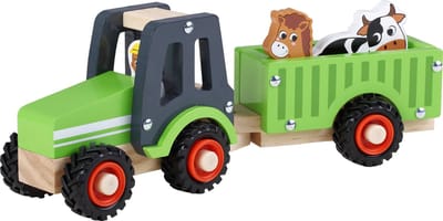 Playwood Houten Tractor met Aanhanger inclusief boer en 2 dieren - Groen