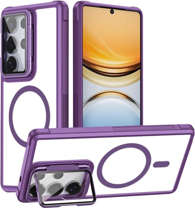 Casemania Hoesje Geschikt voor Samsung Galaxy S26 Ultra - Magnetische Transparante Backcover met Paarse Bumper - Camera Shield Kickstand met Volledige Camera Bescherming - Geschikt voor MagSafe