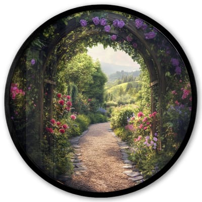 Poster in lijst Rond - Fotolijst 40x40 cm - Posters - Doorkijk - Landschap - Bloemen - Tuinboog - Natuur - Ronde posterlijst zwart - Decoratie - Wanddecoratie woonkamer - Muurdecoratie slaapkamer