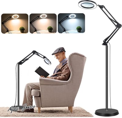 Mrs. Jones Opgewaardeerd vergrootglas met licht en staander - 10X echt glazen vergrotende vloerlamp - 3 kleurenmodi - 10 traploos dimbaar - bureau vergrootglas met klem - dichtbij werk handwerk .