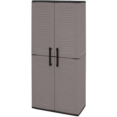 Dmora Dargentes buitenkast, Multifunctionele bezemkast, 2-deurs buitenkast, 100% Made in Italy, Gestreepte afwerking, 68x37h163 cm, Grijs en Zwart