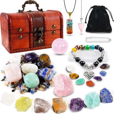 Dailygoods- Healing Stone Set 29 Stuks - Chakra Kristallen - Verpletterde Steen - Houten Doos - Energie voor Yoga - Spirituele Meditatie - Kristalset
