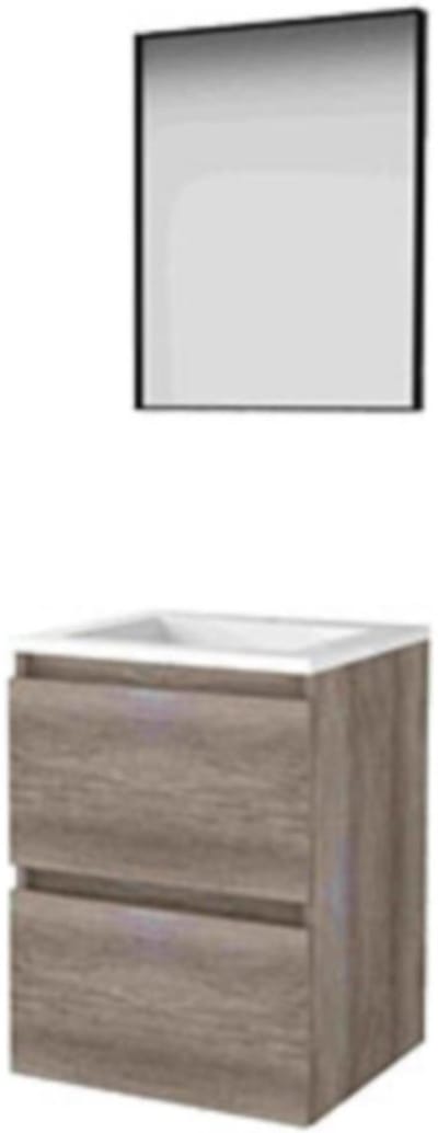 Basic-Line Framed 46 Badkamermeubelset - 50 x 46 cm - Greeploos - 2 Lades - Acryl Wastafel - 1 Kraangat - Spiegel met Zwart Aluminium Frame - Scotch Oak