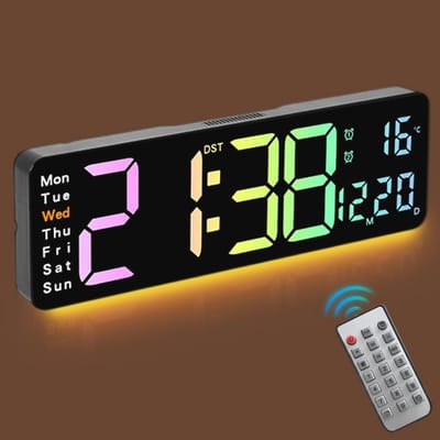 Grote digitale wandklok met afstandsbediening en RGB nachtlampje - voor woonkamer, slaapkamer en kantoor