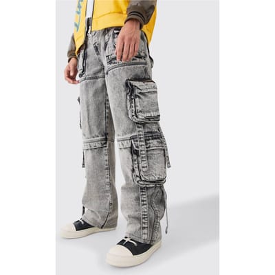 Baggy Rigid Multi Cargo Pocket Strap Detail Acid Wash Jeans | Charcoal | Size 32R