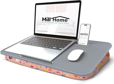 Schootbureau, schootbureau voor laptop met kussen, laptop schootbureau, kussen afneembaar en wasbaar, past tot 17" laptop, met tabletsleuf en stop, gebruikt als schootbureau voor laptop, MillHome