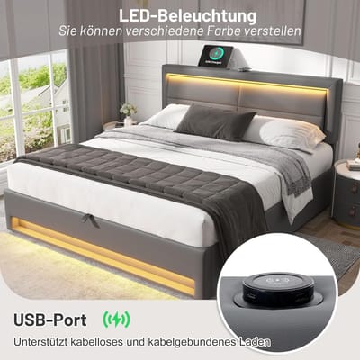 Tweepersoonsbed 160x200 cm met LED Verlichting, USB-poort en Draadloos Opladen