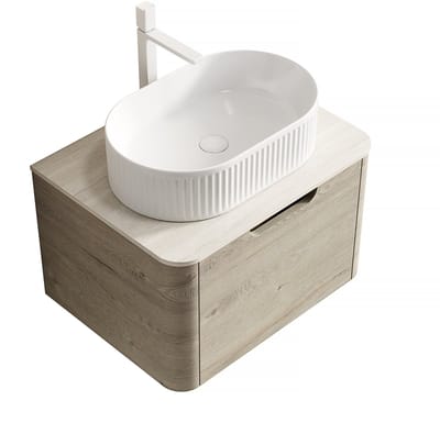 MODFU Badkamermeubel - Ovale Keramische Wastafel En Softclose Lade - Gebogen Ontwerp - Sintersteen En Multiplex - Beige En Wit
