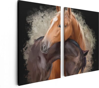Artaza Canvas Schilderij Tweeluik Twee Getekende Knuffelende Paarden - Abstract - 80x60 - Foto Op Canvas - Canvas Print