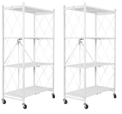 FOXSPORT Inklapbare plank kast - 2 stuks - Stellingkast Met 360° wielen - 4 laags 72x37x124CM - Open Vakkenkast - Wandkast - Keuken Organizer - Keuken Opslag - Boekenkast - Opbergrek Magnetron - Keukenrek - Roestvrij Staal - Wit - Set van 2