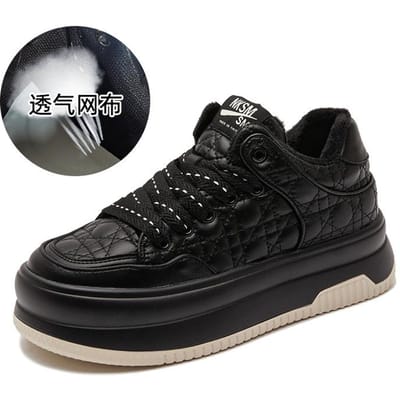 Ruitjes Brood Schoenen Nieuwe Leren Schoen met Grote Teen Plus Fluweel Muffin Schoenen met Dikke Zool Retro Warme Casual Damesschoenen 40 black