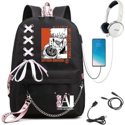 My Hero Academia Anime Sac à Dos pour Femmes Port USB Sac à Dos de Voyage pour Dames Sac à Bandoulière Katsuki Bakugo Anime Tendance Sac à Dos pour Ordinateur Portable
