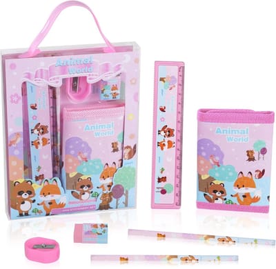 Famanu Briefpapier Set, Briefpapier Gift Set, Inclusief 2 stuks Etui, Linialen, Gum, Puntenslijper en Portemonnee Briefpapier Sets voor Meisjes en Jongens, Dier, Schooltas Set