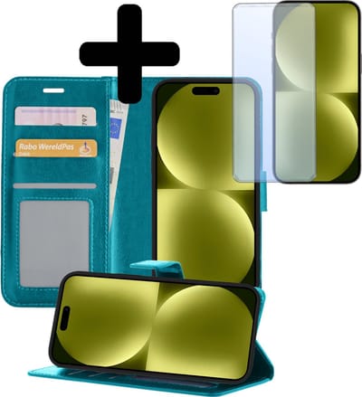 Hoesje - Met Screenprotector - Geschikt voor Apple iPhone 15 - Luxe Pasjeshouder - Bookcase Portemonee - Flip Case - Kunstleer Book Case - Flipcase - Book Cover - Walletcase - Portemonneehoes - Telefoonhoesjes - Turquoise