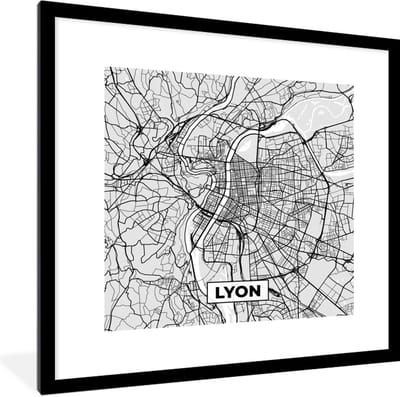 Fotolijst incl. Poster - Frankrijk - Lyon - Stadskaart - Plattegrond - Kaart - 40x40 cm - Posterlijst