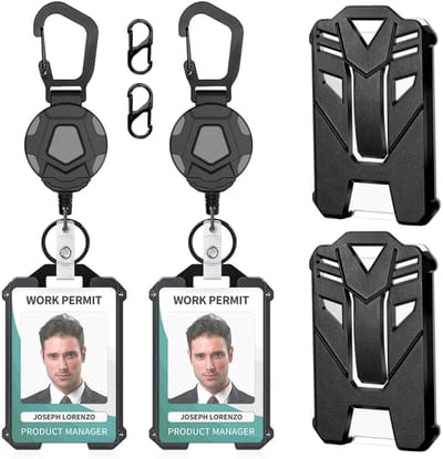 Fako Bijoux - 2x Robuuste Uittrekbare Sleutelhanger Met Koord En Kaarthouder Panter - Met Karabijnhaak En Badgehouder - Pentagoon Duo - 80 cm Stalen Koord - Heavy Duty Sleutelhanger - Stevige ID-Haspel Voor Werk En Evenementen - 2 Stuks