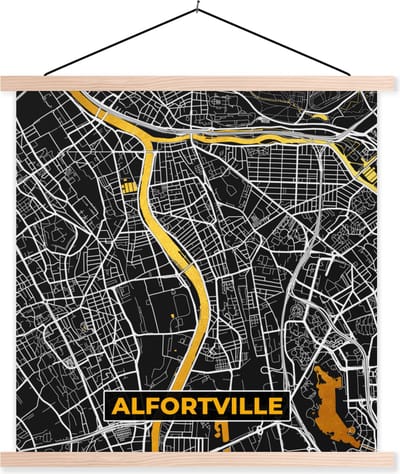 Posterhanger incl. Poster 40x40 cm - Schoolplaat - Alfortville – Plattegrond – Frankrijk – Kaart – Stadskaart - Textielposter - Blanke latten - Stadskaart