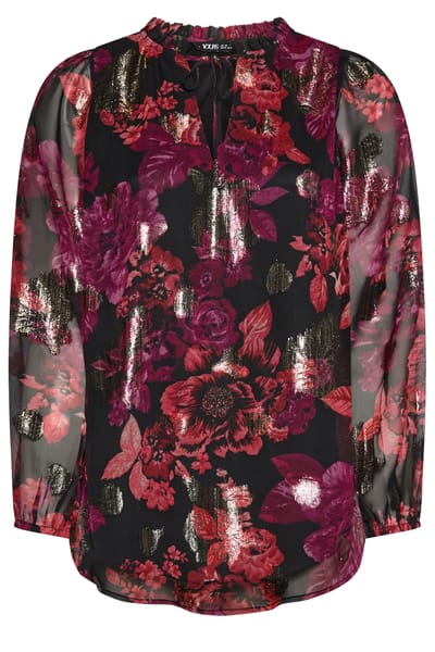Yours Zwarte Blouse Met Bloemenprint En Ruches Bij De Hals Size 42