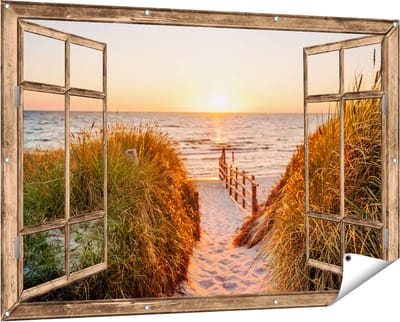 Gards Tuinposter Doorkijk Voetpad in de Duinen met Zonsondergang - 150x100 cm - Tuindoek - Tuindecoratie - Wanddecoratie buiten - Tuinschilderij