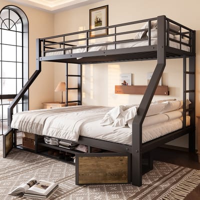 Stapelbed - 90x200 / 140x200 cm - Met Schoenrek - Opbergvakken en Ladder - Hout - Zwart