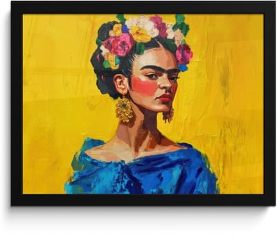Poster in lijst - Fotolijst 40x30 cm - Posters - Frida Kahlo - Vrouw - Geel - Blauw - Bloemen - Posterlijst zwart - Decoratie - Wanddecoratie woonkamer - Muurdecoratie slaapkamer