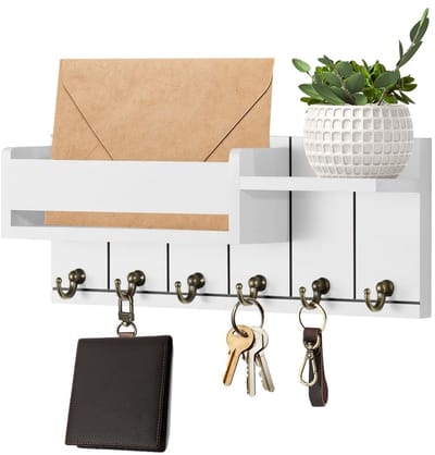 Dailygoods- Sleutelrek met plank - Houten Sleutelkast - 6 Sleutelhaken - Moderne Sleutelhouder - Muurbevestiging - Ansichtenhouder met Groene Planten - Sleutelhanger