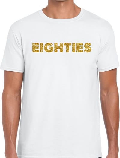 Eighties goud glitter tekst t-shirt wit heren - Jaren 80/ Eighties kleding S