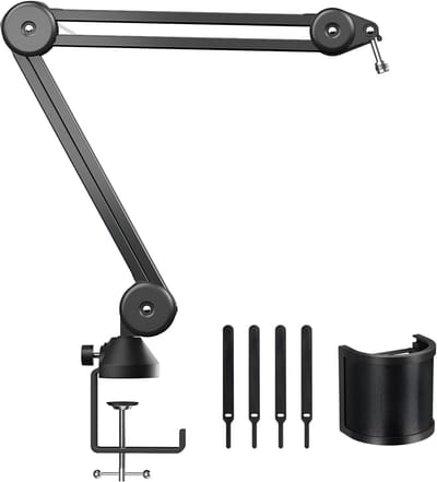 Famanu microfoonstandaard, verstelbare microfoonarm met ruimtebescherming, 3/8" tot 5/8" adapter, microfoon (T10)