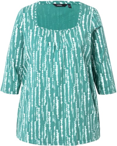Ulla Popken - Dames - Shirt sierplooitjes A-lijn carréhals 3/4-mouwen - Groen - Maat 42+
