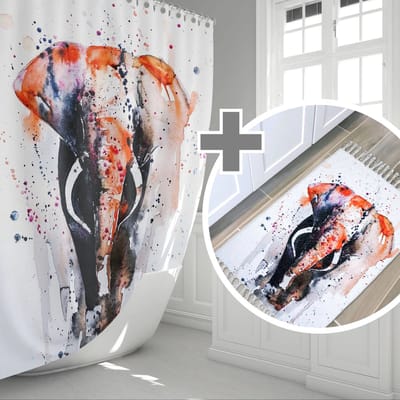 Casabueno Elephant - Douchegordijn en Badkamermat - Douchegordijn 180x200 cm - Badkamermat 50x80 cm