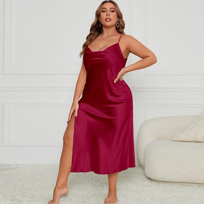 Dames Pyjama, Sexy Bordo Rood Split Bandjes Nachthemd Ondergoed, Casual Satin Huispak 5XL brown