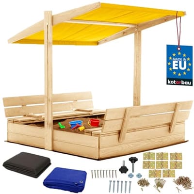 KOTARBAU® Houten Zandbak - 120 x 120 cm - Natuurlijk - Zandbak met Bankjes - met Geel Dak - en Grondzeil - voor Tuin - Buitenspeelgoed